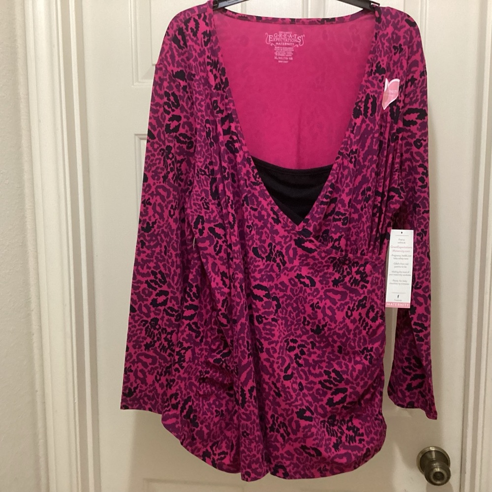 New Great Expectations pink black print crossover expand maternity top XL 16-18